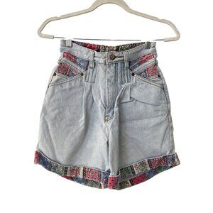 Vintage 90s Rio Denim Shorts Size 0/2 High Waisted Printed Patchwork Pleated